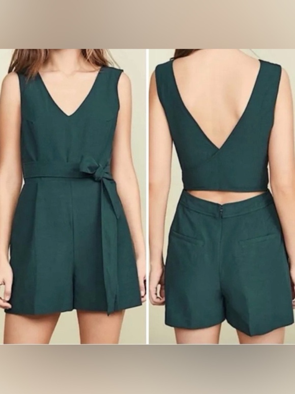 CLUB MONACO Madria Deep Green V-Neck Sleeveless Romper Shorts Tie Wrap Size 2